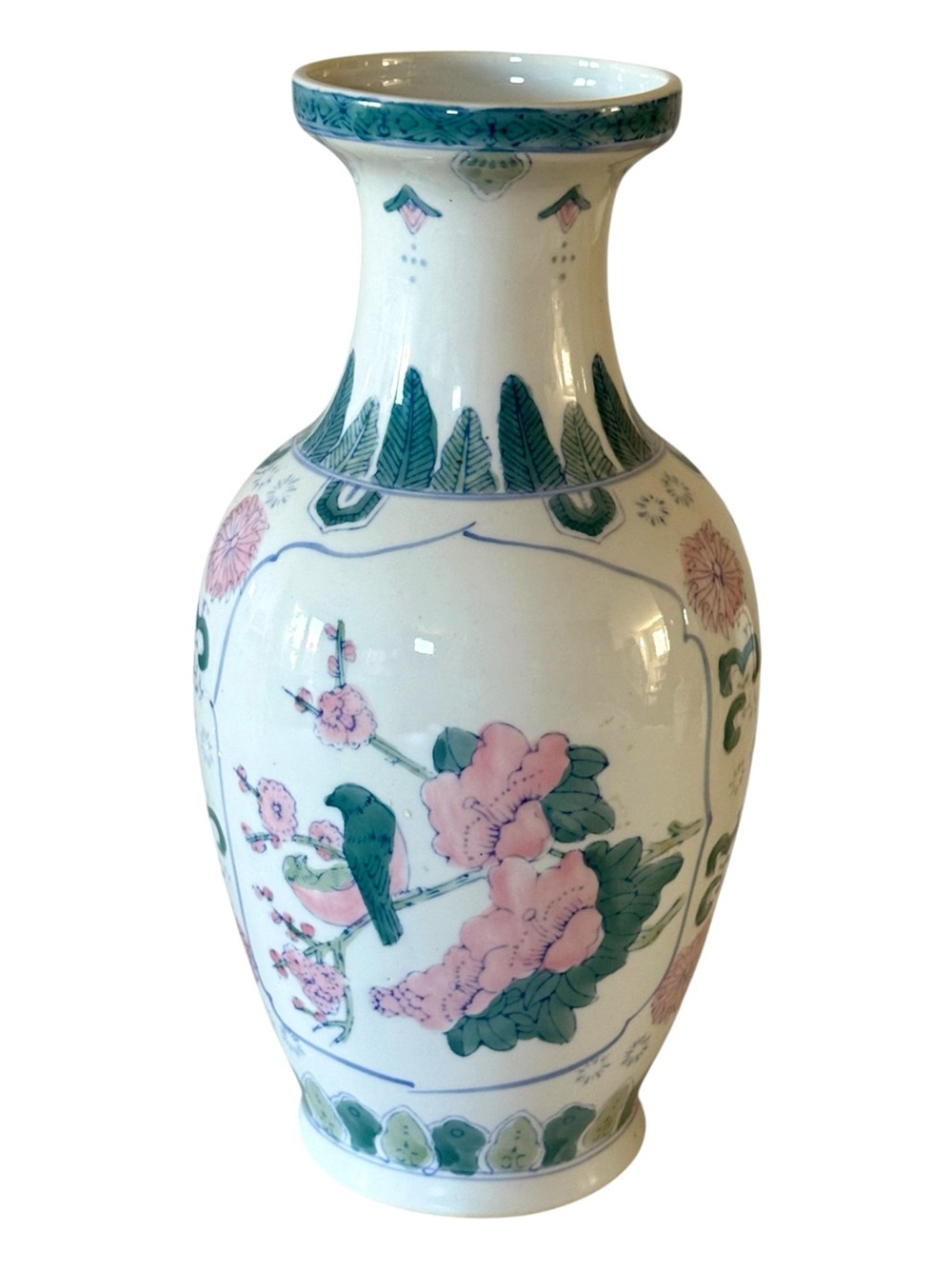 Large Vintage Chinoiserie Style Porcelain Vase With Pink Floral Bird Motif
